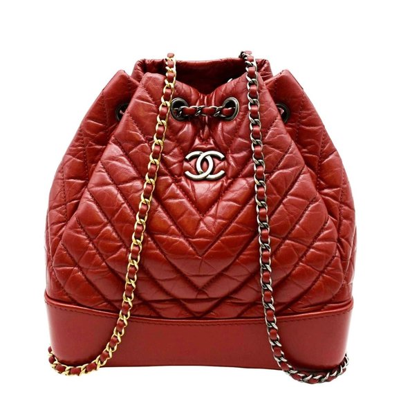 CHANEL  Gabrielle Chevron Aged Calfskin Leather Backpack Bag Red - Picture 1 of 12